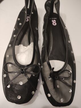 Black Mesh Ballet Flats with Crystal Accents - Brand:SO